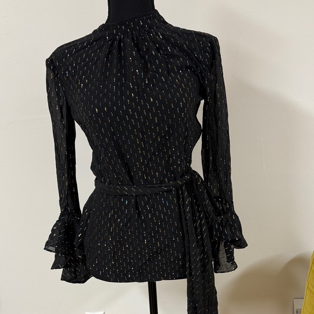 Trina Turk Black Blouse with Subtle Gold Pattern